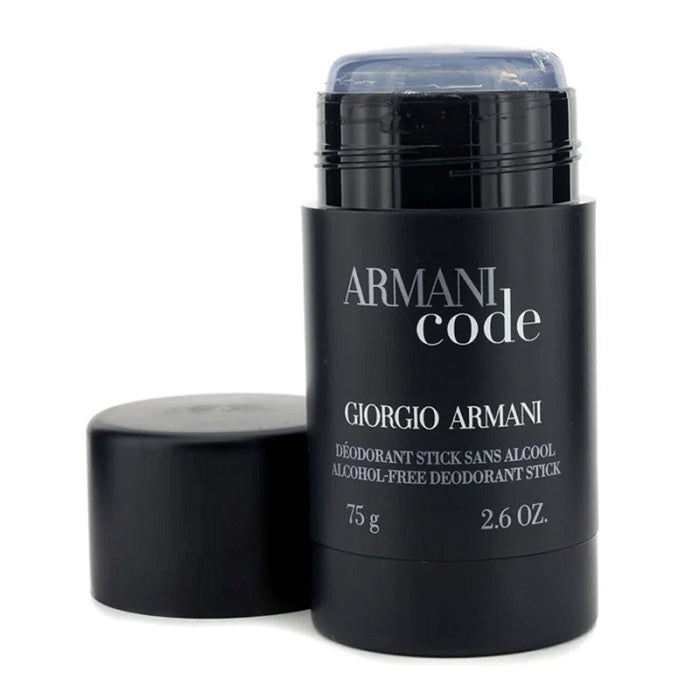 Giorgio Armani Code Black deodorant stick, 75g, with the cap removed, displaying the product name and weight on the front.