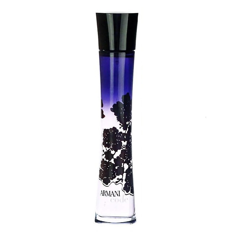 Armani perfume bottle with black floral design on a white background
