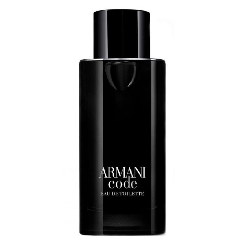 A black, refillable bottle of Armani Code Eau de Toilette by Giorgio Armani.
