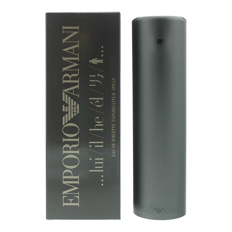Emporio Armani He Eau de Toilette bottle and packaging, predominantly black with silver text.