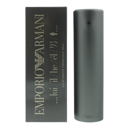 Emporio Armani He Eau de Toilette bottle and packaging, predominantly black with silver text.