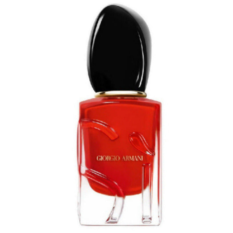 Giorgio Armani Si Passione vibrant red perfume bottle standing upright against a white background.
