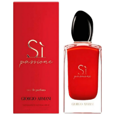 Giorgio Armani Si Passione perfume bottle placed beside its matching red box.