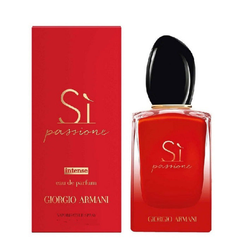 Giorgio Armani Si Passione Intense 100ml perfume bottle positioned beside its matching red box.