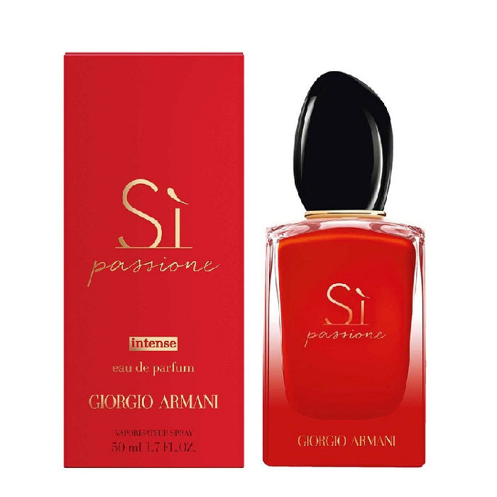 Giorgio Armani Si Passione Intense 50ml perfume bottle positioned beside its matching red box.