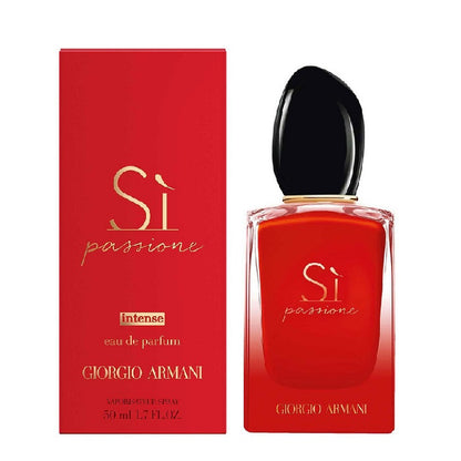 Giorgio Armani Si Passione Intense 50ml perfume bottle positioned beside its matching red box.