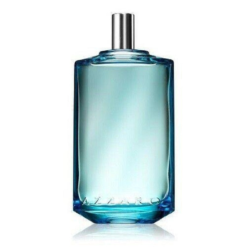 A clear glass bottle of Chrome Legend Eau de Toilette spray by Azzaro with a blue tint.