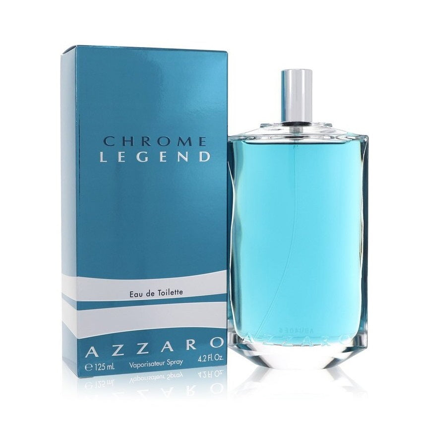 Azzaro Chrome Legend Eau de Toilette spray bottle next to its packaging box.