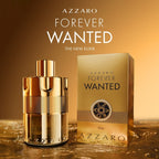Azzaro Forever Wanted perfume bottle and packaging on a reflective surface with a warm background.
