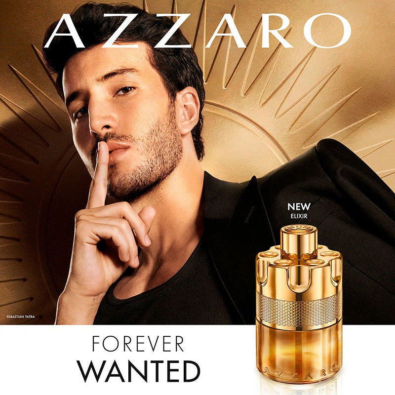 Azzaro perfume advertisement with a man in a suit and gold perfume bottle.