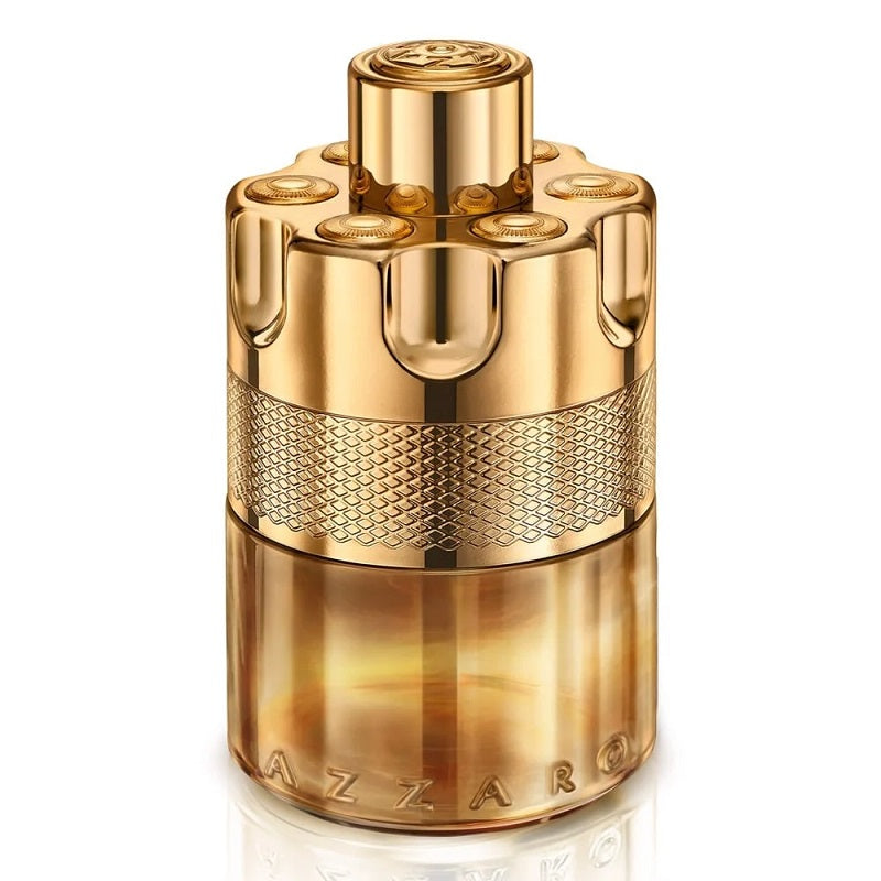 Gold Azzaro perfume bottle on a white background