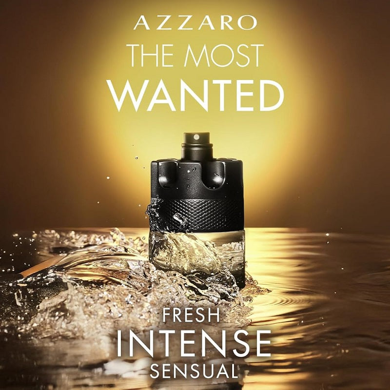 Azzaro perfume bottle with water splash on a dark background
