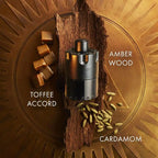 Vape device with amber wood, toffee accord, and cardamom elements on a decorative background