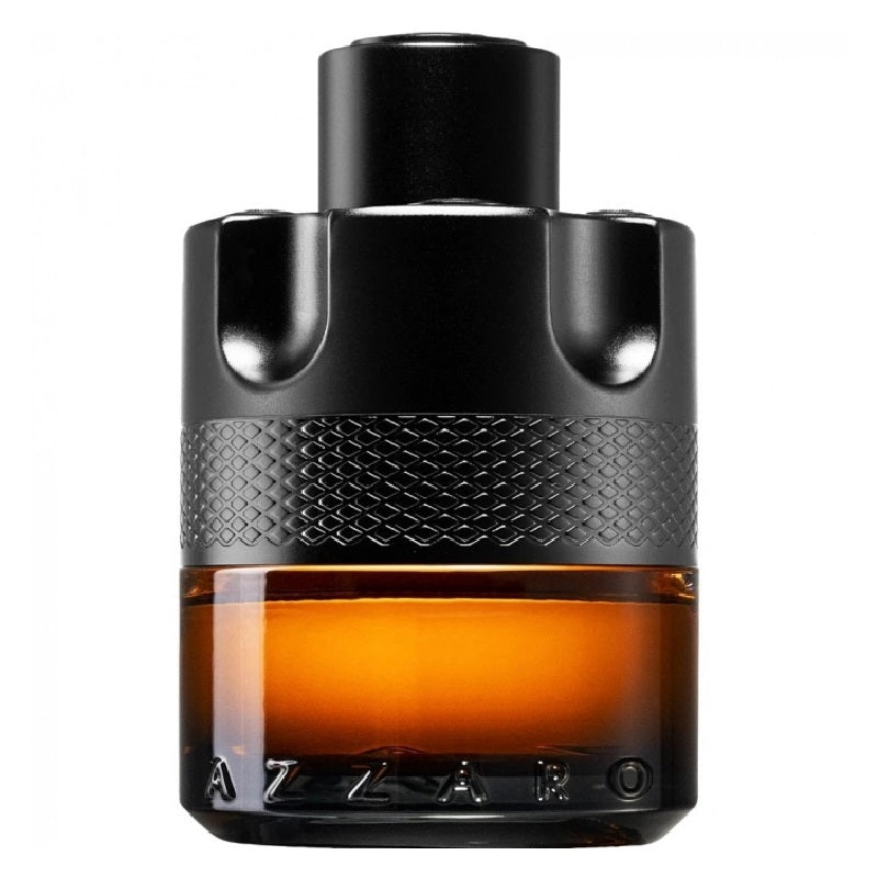 A bottle of 'The Most Wanted Parfum' by Azzaro with a black textured cap and a brown tinted glass container.