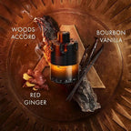 Perfume bottle with ingredients labeled 'Woods Accord', 'Bourbon Vanilla', and 'Red Ginger' on a wooden background.