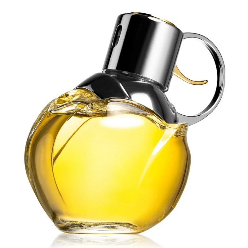 Perfume bottle with a silver cap on a white background