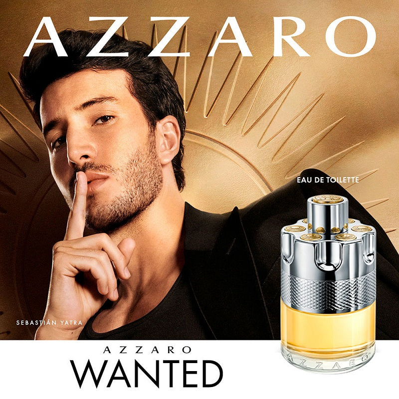 Azzaro Wanted perfume with a man posing in the background