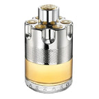 Perfume bottle with silver cap and body on a white background
