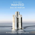 Azzaro Wanted Eau de Parfum bottle on a gradient blue and gray background