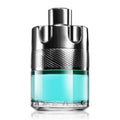 A bottle of Wanted Tonic Man Eau de Toilette by Azzaro with a clear blue liquid visible and a metallic cap.
