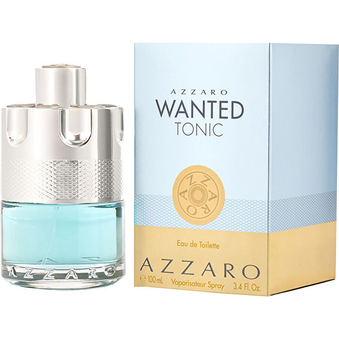 A product image showing the Wanted Tonic Man Eau de Toilette by Azzaro in a 100ml bottle with its packaging box. The bottle is transparent with a blue liquid visible, and the packaging has a predominantly blue and white color scheme with the Azzaro brand prominently displayed.