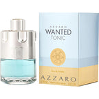 A product image showing the Wanted Tonic Man Eau de Toilette by Azzaro in a 100ml bottle with its packaging box. The bottle is transparent with a blue liquid visible, and the packaging has a predominantly blue and white color scheme with the Azzaro brand prominently displayed.