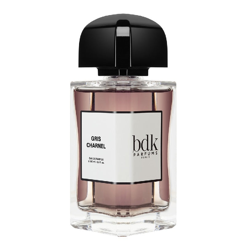 A glass bottle of Gris Charnel 100ml Eau De Parfum by BDK Parfums with a black cap and a label that includes the product name and the brand.