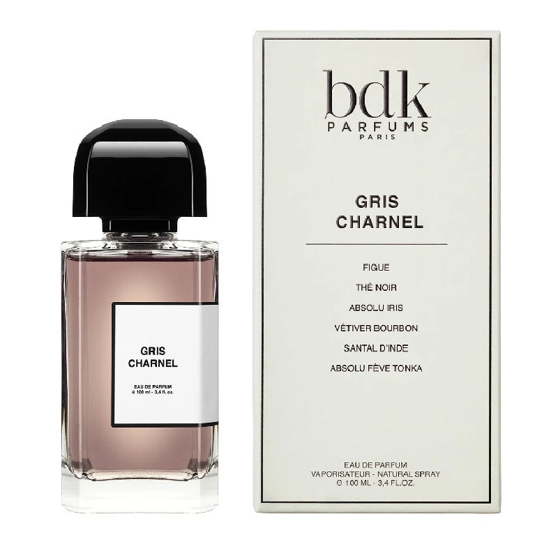 A product image featuring a 100ml bottle of Gris Charnel Eau De Parfum by BDK Parfums, with a white box packaging behind the bottle.