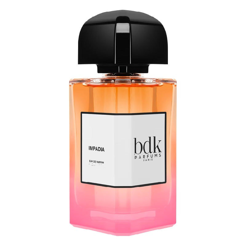 Perfume bottle with gradient design and black cap on a white background