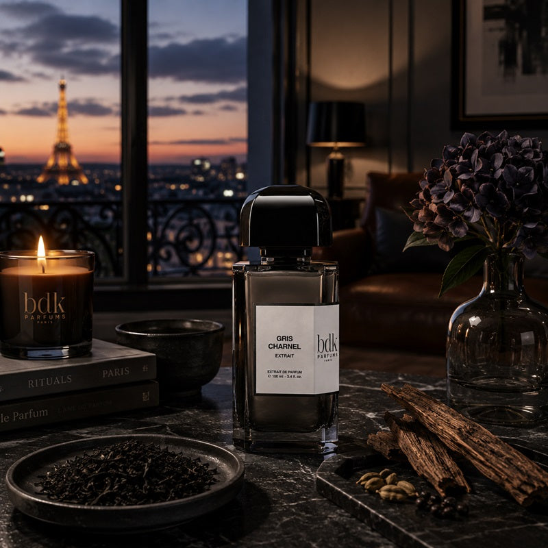 A bottle of Bdk Scents 'Grid Channel' perfume is displayed on a dark marble table in a cozy, dimly lit room. The scene is styled with a lit candle, books, a plate of dried botanicals, and a glass vase of purple flowers, with a Paris cityscape at sunset featuring the Eiffel Tower visible in the background window.