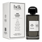 Bdk Parfums Paris Gris Charel Extrait perfume bottle next to its white packaging box, featuring a dark gray glass bottle and a black cap on a white background.