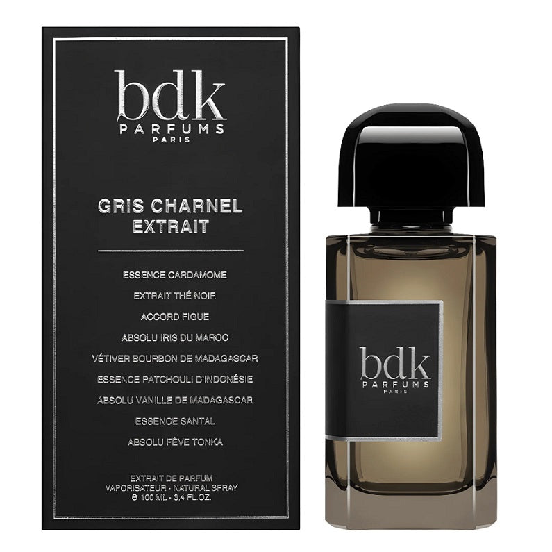 Box and Bottle Image, Gris Charnel Extrait 100 ml Eau de Parfum by BDK Parfums – luxurious grey-toned bottle and minimalist white box reflecting depth, refinement, and Parisian sophistication.