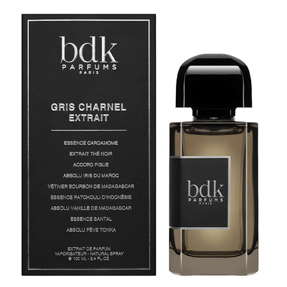 Box and Bottle Image, Gris Charnel Extrait 100 ml Eau de Parfum by BDK Parfums – luxurious grey-toned bottle and minimalist white box reflecting depth, refinement, and Parisian sophistication.