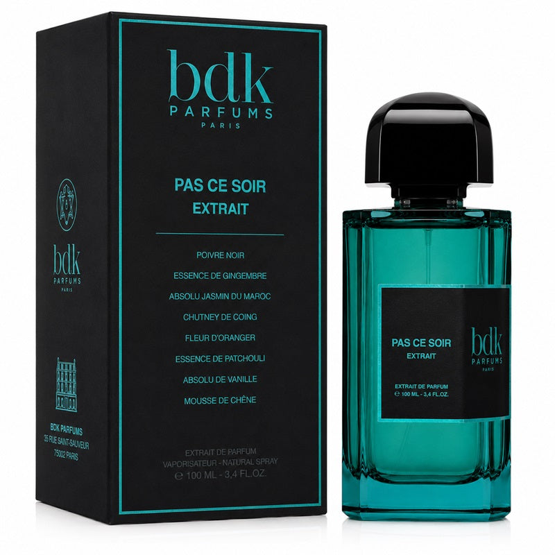 Bdk Parfums Paris Pas Ce Soir Extract perfume bottle and its black packaging box with teal accents, set against a plain white background.