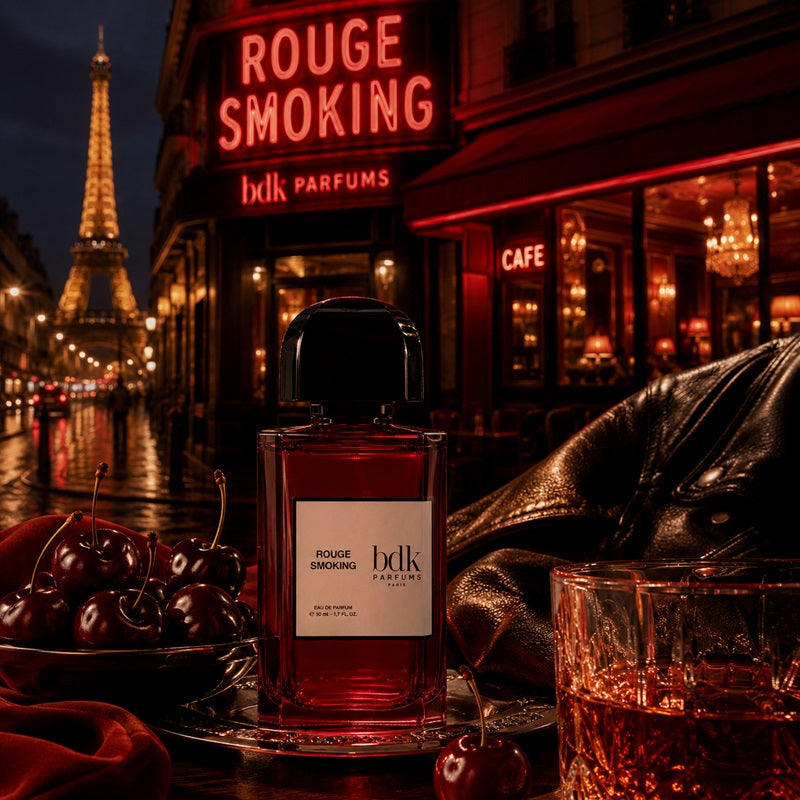 A bottle of Rouge Smoking by bdk Parfums perfume is displayed on a table in front of a Parisian street scene at night with the Eiffel Tower and a glowing cafe sign. A glass of amber liquid, cherries, and a dark leather jacket are arranged around it.