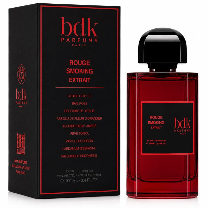 Bdk Parfums Rouge Smoking Extrait perfume bottle and its black packaging box with red text, shown on a white background.
