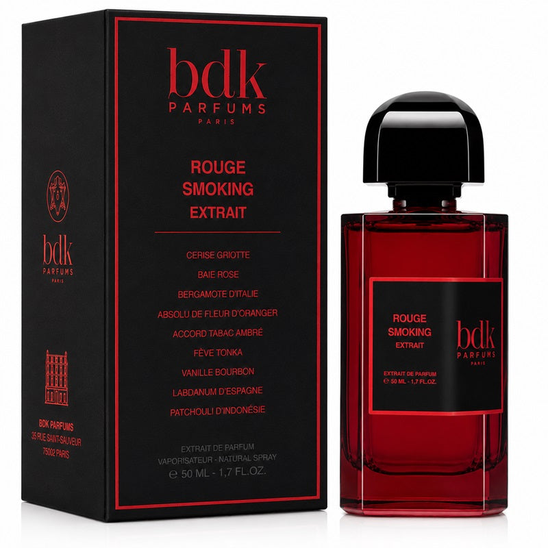 Bdk Parfums Rouge Smoking Extrait perfume shown with its black retail box and a clear glass bottle filled with deep red liquid, on a white background.