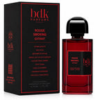 Bdk Parfums Rouge Smoking Extrait perfume shown with its black retail box and a clear glass bottle filled with deep red liquid, on a white background.