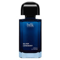 Bottle Image: BDK Parfums Silver Ceremony 100ml Absolu de Parfum deep blue rectangular glass bottle with black sculpted cap, pale blue glass base and white lettering on a clean white background