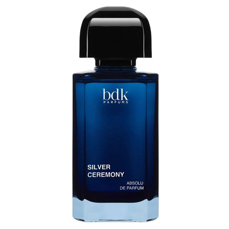 Bottle Image: BDK Parfums Silver Ceremony 100ml Absolu de Parfum deep blue rectangular glass bottle with black sculpted cap, pale blue glass base and white lettering on a clean white background
