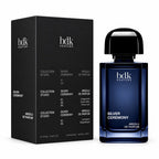 BDK Parfums Silver Ceremony 100ml Absolu de Parfum deep blue bottle beside its black Collection Studio presentation box with contrasting typography on a clean white background