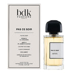 The image shows a perfume bottle and packaging with the brand BDK Parfums and the packaging has the product name 'PAS CE SOIR'