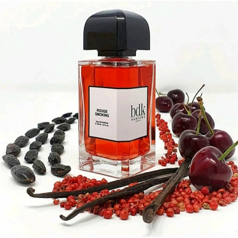 Lifestyle Image, Rouge Smoking 100 ml Eau de Parfum by BDK Parfums – photographed in a chic urban setting evoking confidence, sensuality, and late-night allure.