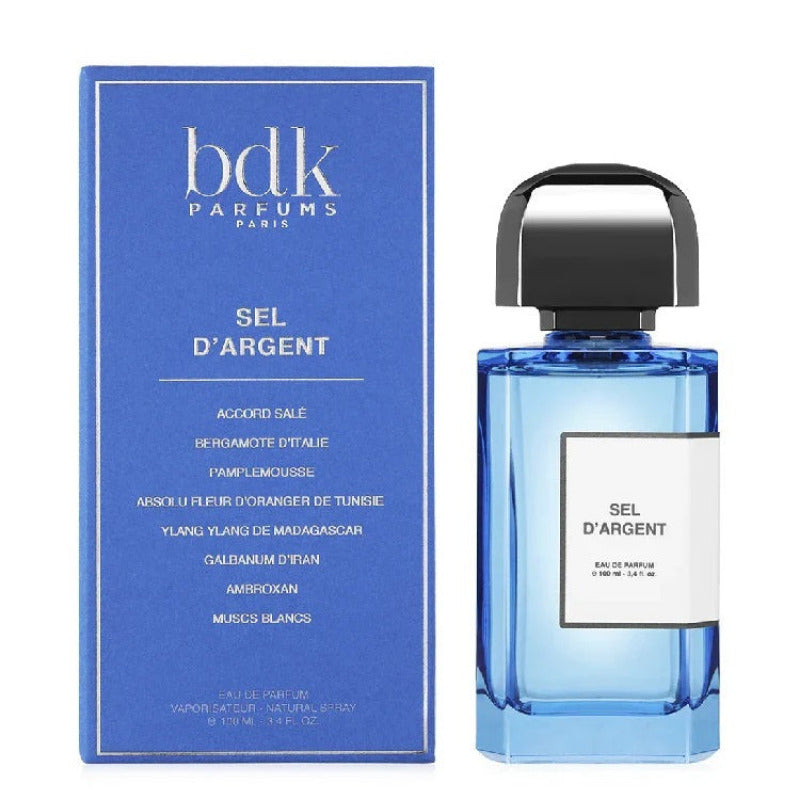 Box and Bottle Image, Sel d’Argent 100 ml Eau de Parfum by BDK Parfums – elegant light-toned bottle and minimalist white box symbolising purity, serenity, and understated luxury.