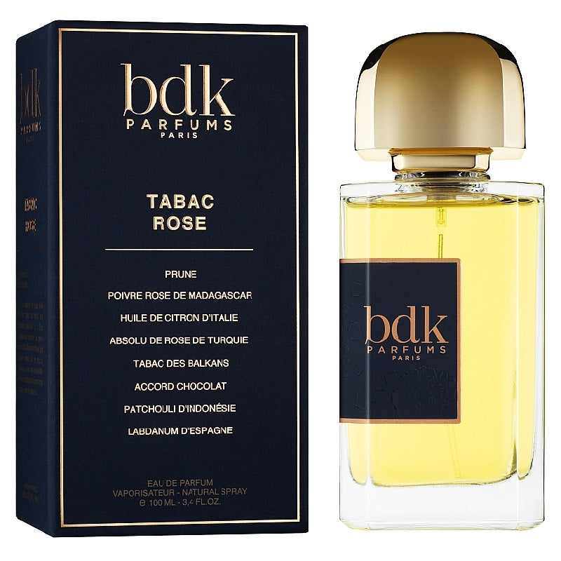 Box and Bottle Image, Tabac Rose 100 ml Eau de Parfum by BDK Parfums – elegant rose-coloured bottle and minimalist white box reflecting Parisian luxury and refinement.