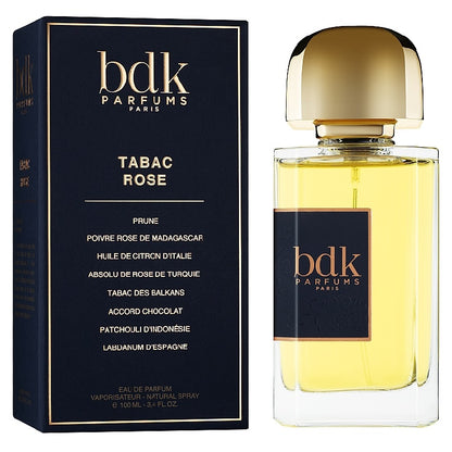 Box and Bottle Image, Tabac Rose 100 ml Eau de Parfum by BDK Parfums – elegant rose-coloured bottle and minimalist white box reflecting Parisian luxury and refinement.