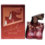 Eilish No. 3 by Billie Eilish 100ml Eau de Parfum bottle beside its matching red presentation box, featuring the sculptural bust design and gold lettering, against a white background.
