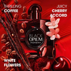 Yves Saint Laurent Black Opium perfume bottle with coffee beans, cherry, and flowers on a red background