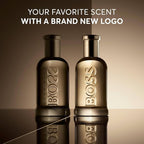 Two BOSS bottles on a reflective surface with text about a new logo.