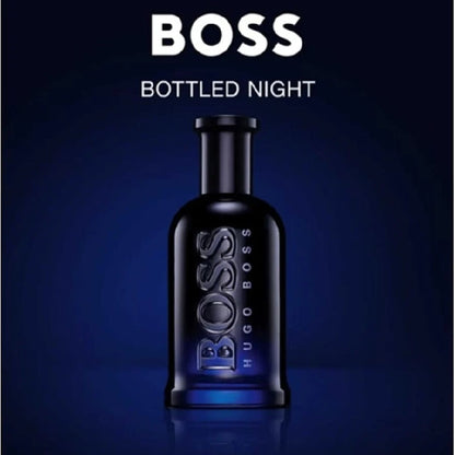 BOSS Bottled Night perfume bottle on a dark blue background
